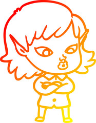 warm gradient line drawing pretty cartoon elf girl