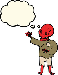 cartoon skeleton waving with thought bubble