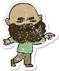 distressed sticker of a cartoon man with beard frowning and pointing