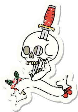 grunge sticker with banner of a skull and dagger