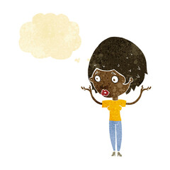 cartoon woman raising hands in air with thought bubble