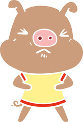 flat color style cartoon angry pig wearing tee shirt