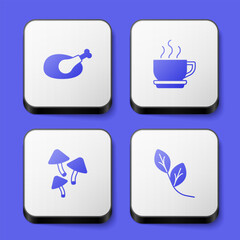 Set Roasted turkey or chicken, Coffee cup, Mushroom and Leaf icon. White square button. Vector