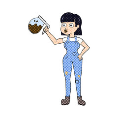 cartoon woman in dungarees with coffee