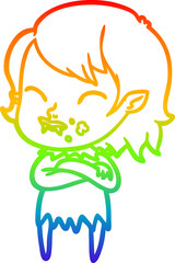 rainbow gradient line drawing cartoon vampire girl with blood on cheek