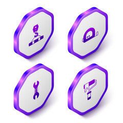 Set Isometric Crane hook, Roulette construction, Wrench spanner and Paint roller brush icon. Purple hexagon button. Vector