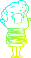 cold gradient line drawing happy cartoon man with stack of new books