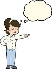 cartoon friendly woman pointing with thought bubble
