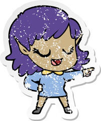 distressed sticker of a happy cartoon elf girl pointing