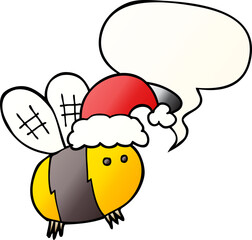 cute cartoon bee wearing christmas hat and speech bubble in smooth gradient style