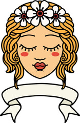 tattoo with banner of female face with eyes closed