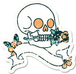 grunge sticker with banner of a skull