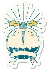 grunge sticker of tattoo style singing christmas pudding