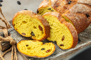 sliced turmeric bread with raisins. Healthy, clean eating. Healthy food concept. place for text,...