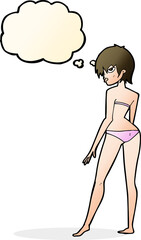 cartoon woman in bikini with thought bubble