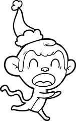 shouting line drawing of a monkey wearing santa hat