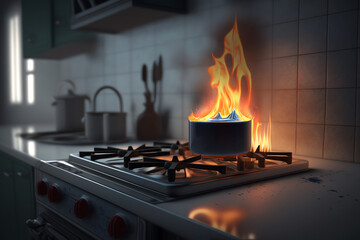 Burning gas stove. Fire in a kitchen. Flames of fire in gas stove. Generative AI