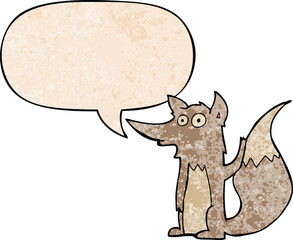 cartoon wolf and speech bubble in retro texture style