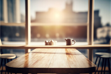 Empty wooden texture table top in cafe or restaurant on blurred window background, generative ai
