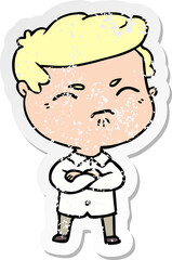 distressed sticker of a cartoon annoyed man