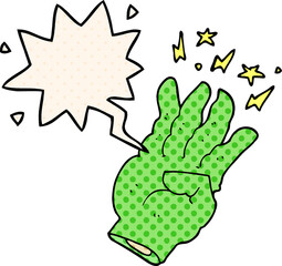 cartoon spooky magic hand and speech bubble in comic book style