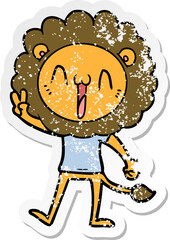 distressed sticker of a happy cartoon lion