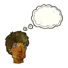 cartoon worried man with thought bubble