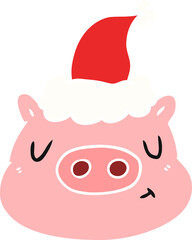flat color illustration of a pig face wearing santa hat