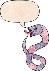 hissing cartoon snake and speech bubble in retro texture style