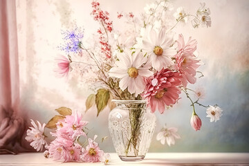 Bouquet of spring wildflowers in glass vase on table, 8 march and woman mother day card, generative ai.