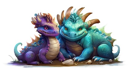 Cute and Fluffy Two Dragons Chilling Out: An Animated Dragon Character Art Cartoon Illustration: Generative AI