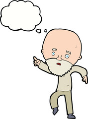 cartoon worried old man pointing with thought bubble