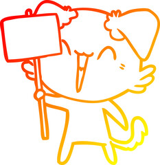 warm gradient line drawing happy little cartoon dog holding sign