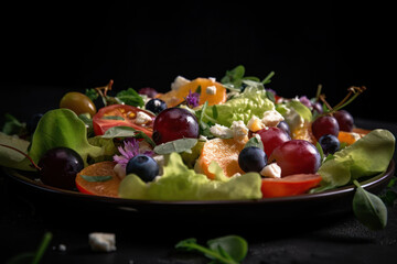 Salade composée de produits frais de saison présentée dans un plat sur une table dans la cuisine - obrazy, fototapety, plakaty