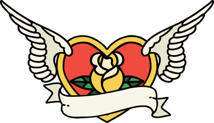 traditional tattoo of a flying heart with flowers and banner