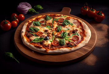 Obraz na płótnie Canvas Delicious pizza served on wooden plate isolated on white. Generative AI