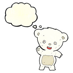 cartoon waving polar bear with thought bubble