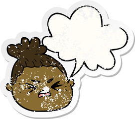 cartoon female face and speech bubble distressed sticker