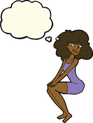 cartoon sitting woman in dress with thought bubble