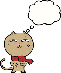 cartoon funny cat wearing scarf with thought bubble