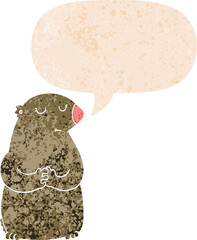 cute cartoon bear and speech bubble in retro textured style