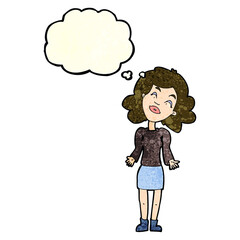 cartoon woman shrugging shoulders with thought bubble