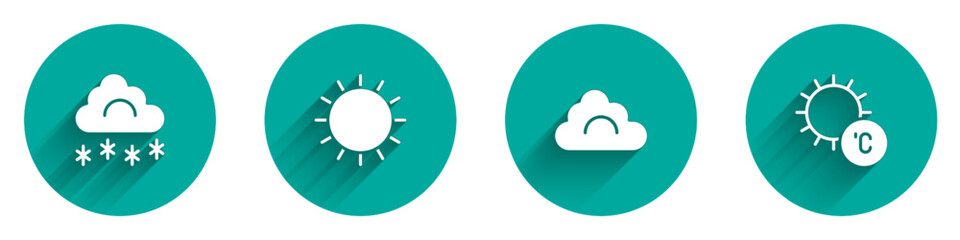 Set Cloud with snow, Sun, and icon with long shadow. Vector