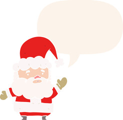 cartoon santa claus waving and speech bubble in retro style