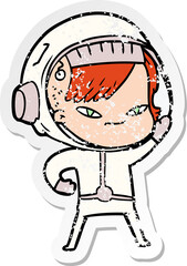 distressed sticker of a cartoon astronaut woman