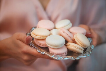 Wedding day. Bride morning.
Sweets. almond cookies. Delicious dessert. Treat. Cakes. Sweets on a tray. Dessert in hand