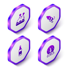 Set Isometric Roasted turkey or chicken, Firework rocket, Champagne bottle and Christmas snow globe icon. Purple hexagon button. Vector