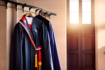 Ready for Graduation: A Graduation Gown Hanging on a Coat Rack. Generative AI.