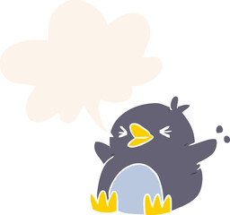cartoon penguin and speech bubble in retro style