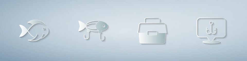 Set Fish, Fishing lure, Case or box for fishing and hook. Paper art style. Vector